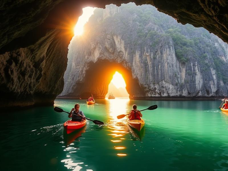 Chèo kayak qua hang Luồn lúc bình minh